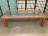 Wood coffee table with metal wire & glass top