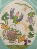 Vintage art print of fruit, butterfly & bird w/ vibrant colors by unknown artist 24x20 inches.