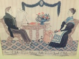 Framed caricature family portrait print of Amos, Sarah & Rebecca Fuller, circa 1834 approx. 24x20 in