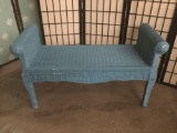 Woven wicker bench seat, painted blue