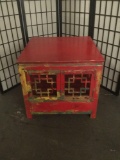 Asian style red end table cabinet, sold as is