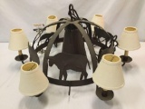 Metal chandelier w/ farm animal motif & tan shades, untested, approx. 32x30x16 inches.