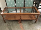 Vintage wood coffee table with glass top pieces, approx 21x51x18 inches