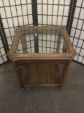 Vintage glass top end table. Approx 24x24x22 inches.