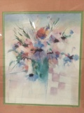 Framed impressionistic art print of flowers signed by artist. Kartouche, approx 37x33 inches.