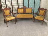 Vintage regal love seat w/ casters & two armchairs w/yellow upholstery,approx. 46x23x39 in.