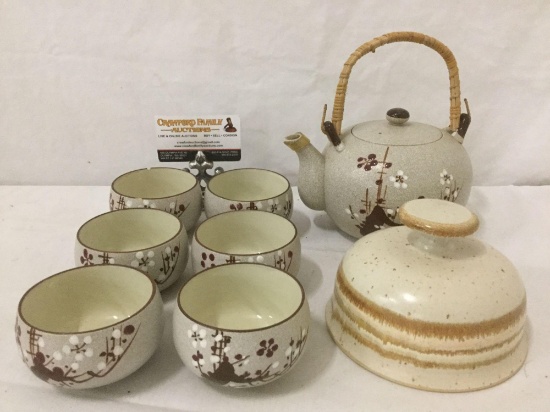 Stoneware tea set & butter dish cover, sold as is