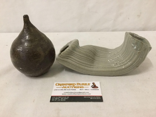 Two piece lot of custom ceramic art pieces, seed pot signed by artist