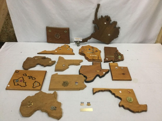 Lot of 13 mostly U.S. state shaped mounting display boards, some w/ military pins