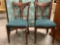 2 antique Tell City mahogany dinning chairs w/ green upholstered seats, shows heavy wear.