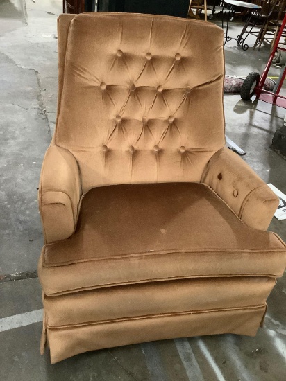 Vintage brown upholstered swivel rocking chair, approximately 35 x 28 x 29 inches