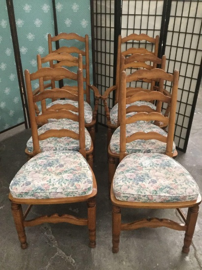 Lot of 6 matching wood dinning chairs w/ attached floral design cushions