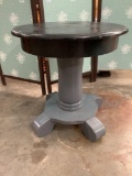 Vintage round wood pedestal side table, repainted black & gray, approximately 20 x 20 in.