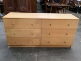 Modern pine wood 6-drawer lowboy dresser, approximately 63 x 19 x 31 inches.