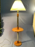 Vintage parlor lamp with wooden shelf & shade, tested & working, approx. 17 x 61 inches.