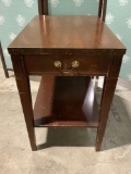 Vintage Mersman wood side table w/ 1-drawer, shows wear, approximately 15.5 x 23.5 x 23 in.