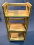 Modern pine wood collapsible 3-tier shelf, approx. 15 x 11 x 34 inches.