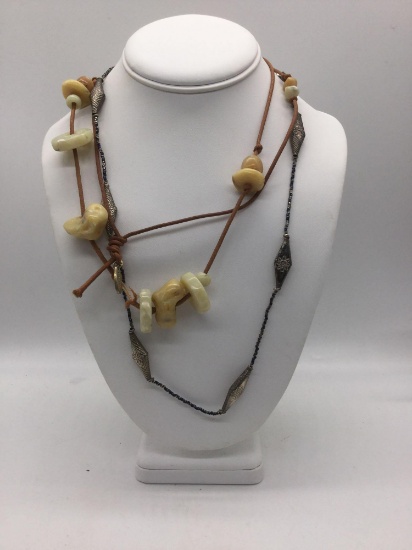 Polished stone necklace, and stamped metal necklace
