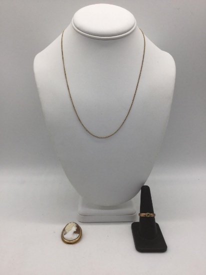 lot of 3: 10k Gold Necklace, gold ring marked 833 (20k) missing stone, Cameo w/ 10k gold tested