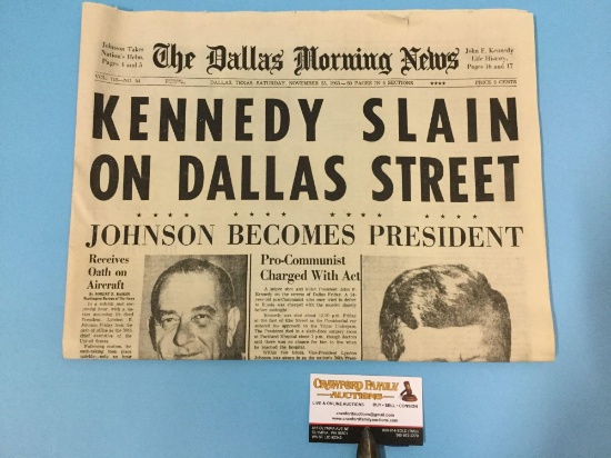 The Dallas morning news, Saturday, November 23, 1963, headline: Kennedy Slain On Dallas Street.