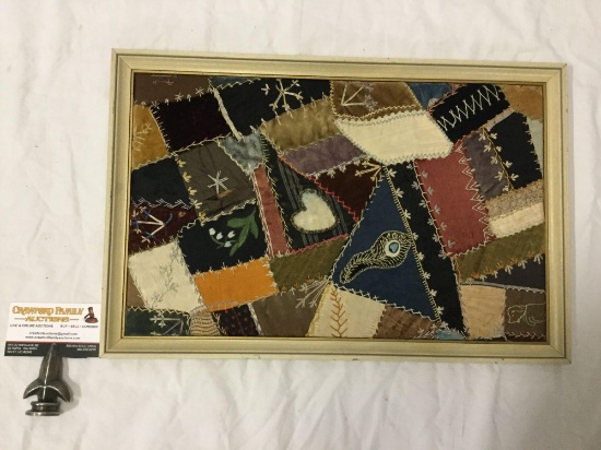 Vintage framed patchwork quilt style collage art piece, approximately 17.5 x 11.5 inches.