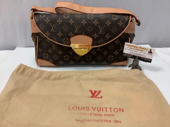 Louis Vuitton style reproduction handbag w/ cover, made in France, approx. 13 x 7 x 5 inches.