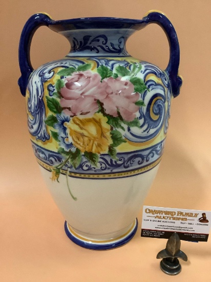 Italian ceramic 2- handle vase w/ Intricate hand-painted floral design