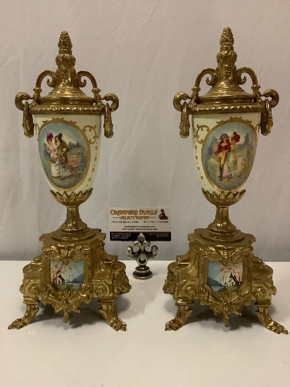 Pair of antique/vintage brass / porcelain mantle pieces w/ Victorian romantic images
