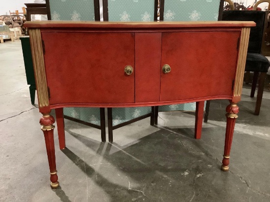 Vintage wood standing cabinet, repainted red w/ gold trim