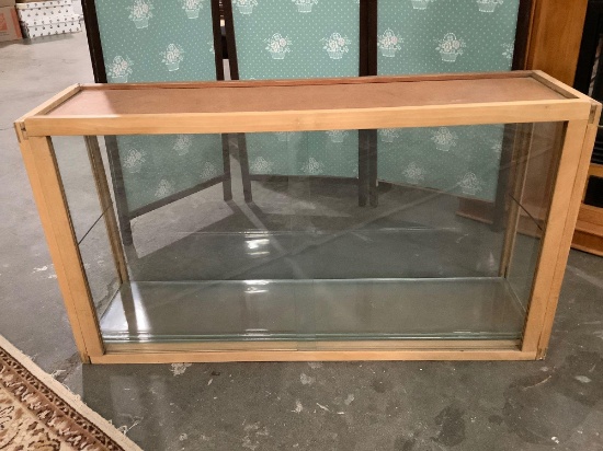 Custom glass display case w/ glass shelves, sliding door, approx. 40 x 12 x 22 inches.