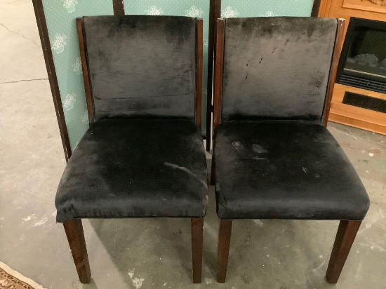 2 vintage wood chairs w/ black velour upholstery, both show wear