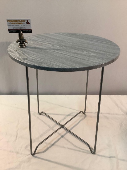 Modern round side table / plant stand w/ metal frame, approximately 18 x 20 inches.