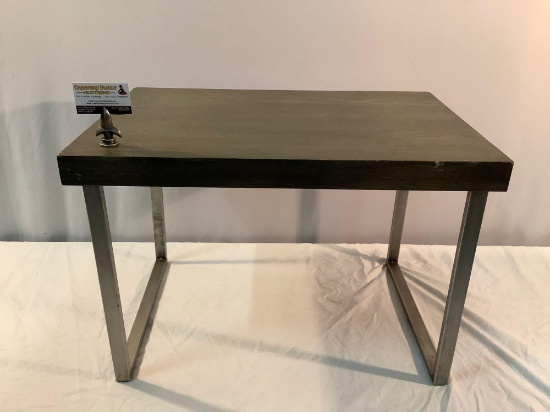 Modern wood side table / bench w/ steel legs, approximately 19.5 x 28.5 x 20 inches.