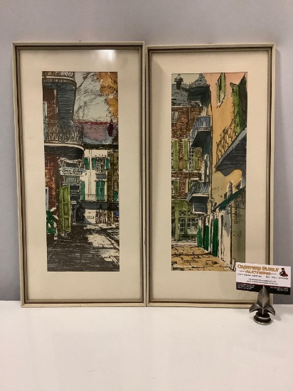 2 framed street scene watercolor art prints by Shemroske, approx. 9.5 x 19.5 in.