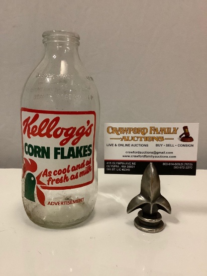vintage Unigate Dairies glass milk bottle w/ Kellogg?s Corn Flakes advertising , approx. 7.5 x 3 in.