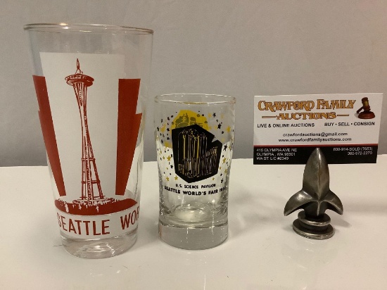 2 pc. lot of vintage Seattle Worlds Fair printed drinking glasses, 1962, Space Needle