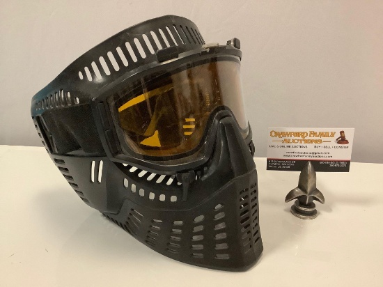 Plastic facemask with tinted goggles, paintball head gear, approximately 8 x 8 x 9 in.