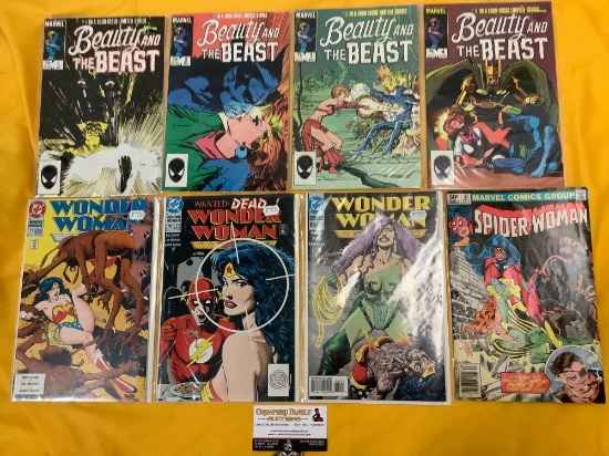 8 Marvel / DC Comic Books; Wonder Woman, Spider-Woman, Beauty & The Beast 4 issue mini-series