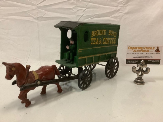 Antique Brooke Bond Tea & Coffee cast iron horse drawn wagon vehicle toy w/ driver, rare piece.