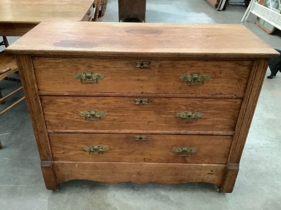 Antique wood 3-drawer dresser on wheels, approx. 40 x 18 x 32 in.