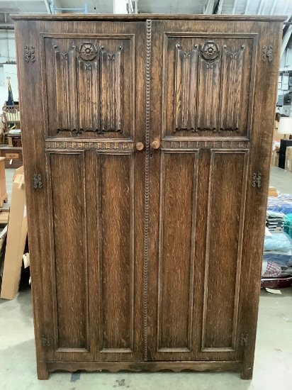 Antique wood closet wardrobe w/ carved details, shows wear, see pics.