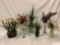 6 pc. lot of faux flower arrangements; vintage ceramic vase, Hall vase (cracked), approx 12 x 29 in.