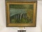 Framed original oil painting of a bridge signed by artist M. White, approx 13 x 10.5 in.
