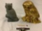 2 pc. lot of owl sculptures: stone bookend made in India, gold plastic owl, approx 7 x 7 in.