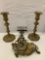 3 pc. lot of vintage glass ink well w/ lid and decorative metal holder, brass candlestick holders,