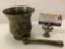 Vintage metal Rx mortar and pestle: Cosmas & Damian 350 AD secundum artem