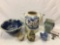 6 pc. lot of vintage stoneware ceramic home decor; pitcher w/ no handle, Mann bowl, Asian vase