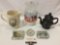 6 pc. lot of patriotic pitchers / paperweights; 1776 ceramic tea pot, glass Coca-Cola pitcher, Arms