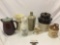 7 pc. lot of vintage ceramic stoneware kitchen items; pitchers, Edgemar milk bottle, Tom & Jerry