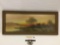 Vintage framed original painting on board of house by water, approx 21 x 9 in.
